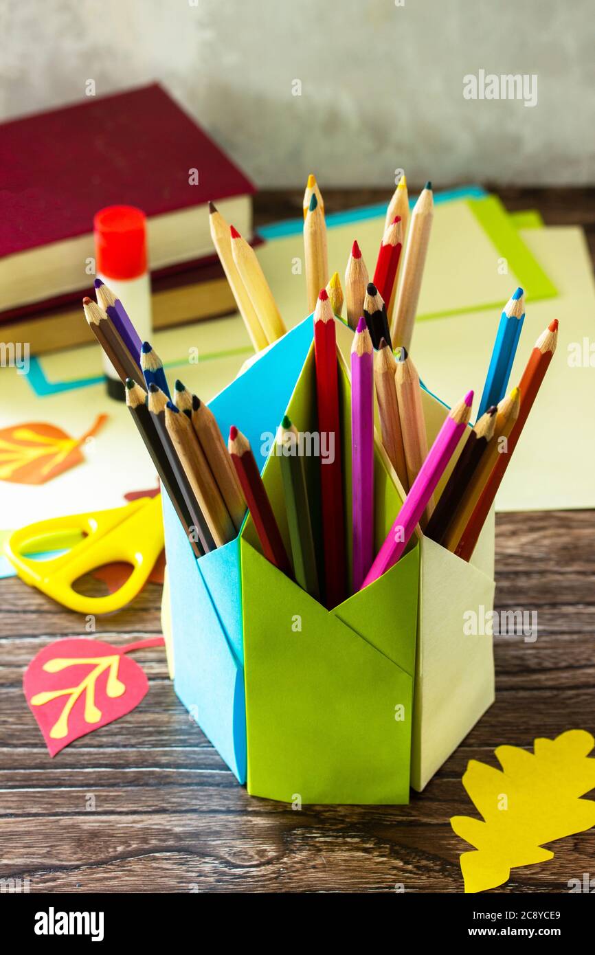 Pencil Holder The New School Year On Wooden Table Welcome Back To School Childrens Art Project Needlework Crafts For Kids Stock Photo Alamy