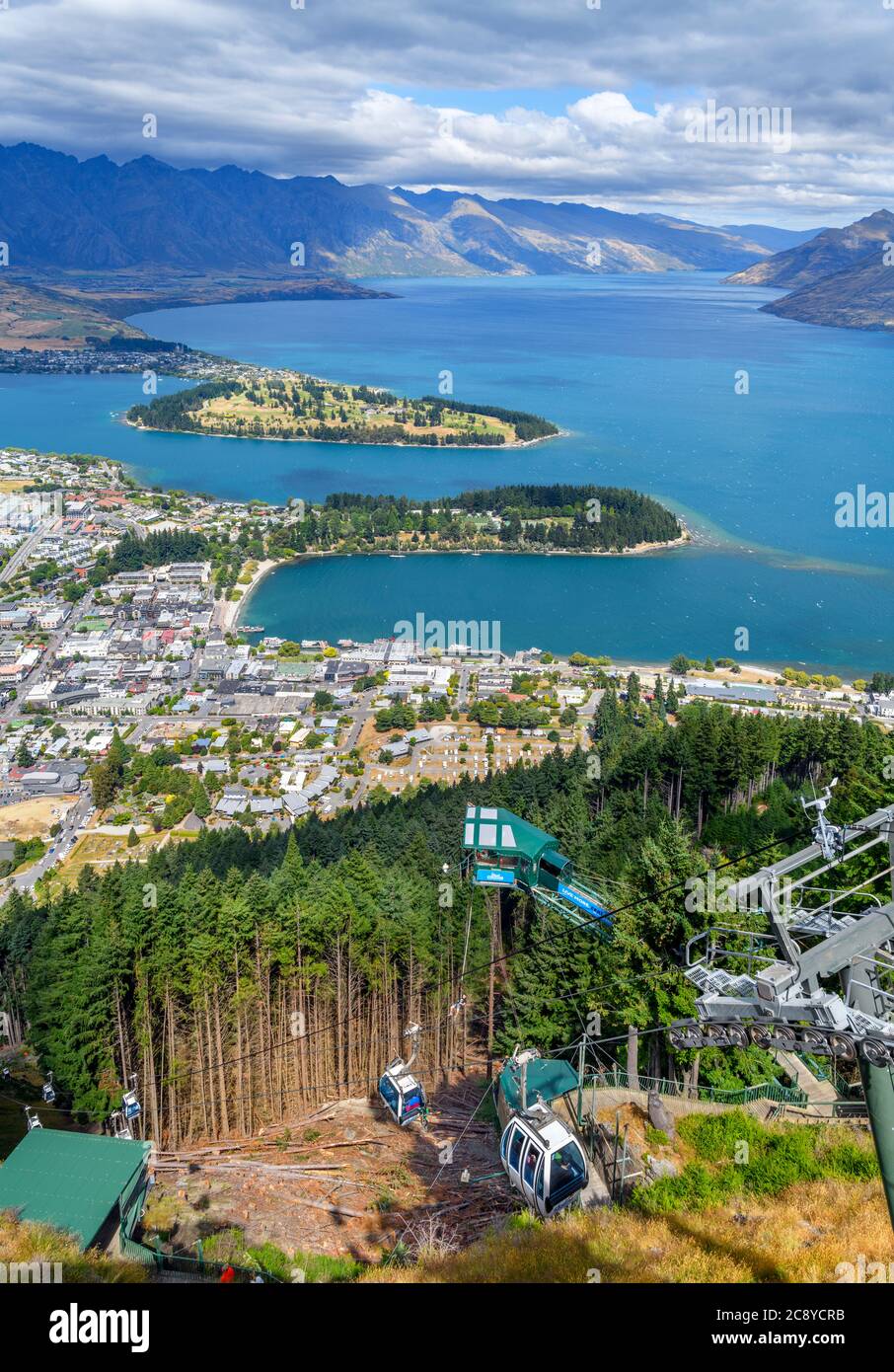 View over the city and Lake Wakatipu from top of the Skyline Gondola, Bob's Peak, Queenstown, New Zealand Stock Photo
