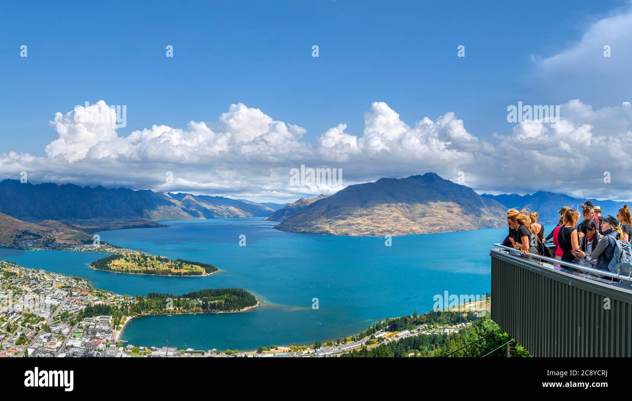 View over the city and Lake Wakatipu from the top of the Skyline Gondola, Bob's Peak, Queenstown, New Zealand Stock Photo