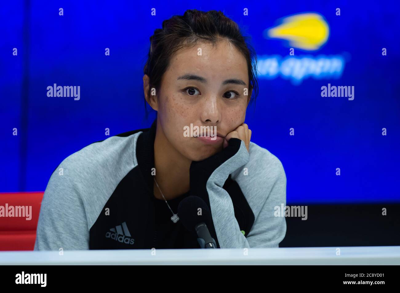 Qiang Wang of China talks to the media after her quarter-final match at the 2019 US Open Grand Slam tennis tournament Stock Photo