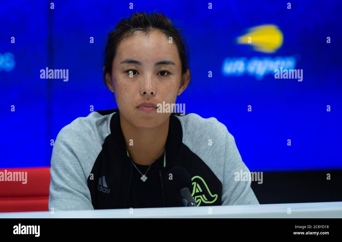 Qiang Wang of China talks to the media after her quarter-final match at the 2019 US Open Grand Slam tennis tournament Stock Photo