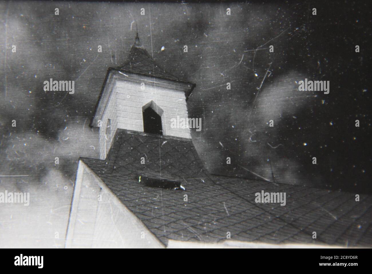 Fine 1970s vintage black and white photography of a church steeple and ...