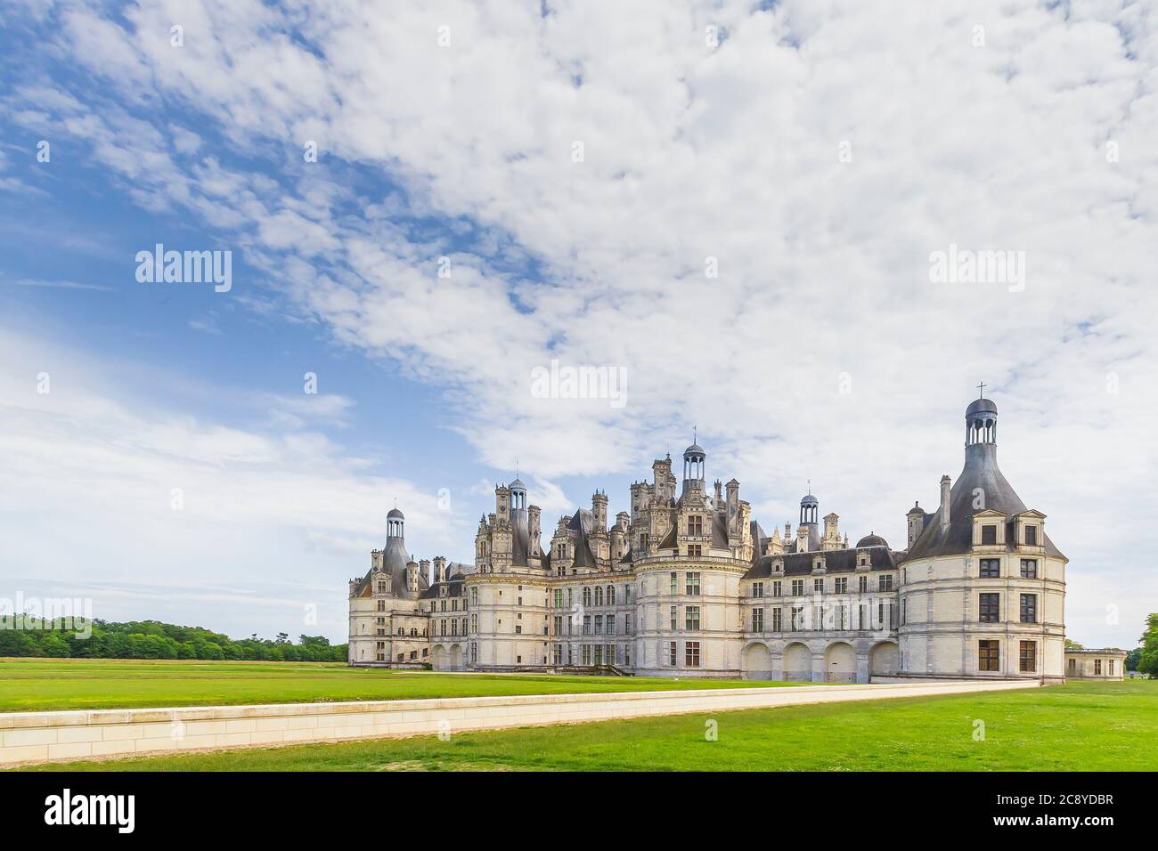 Blue sky over Chateau Chambord .  Castle with very distinctive French Renaissance architecture Stock Photo