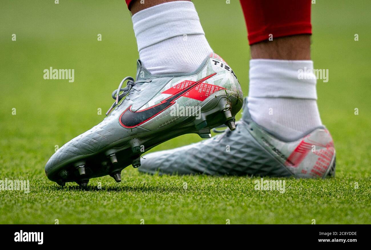Newcastle, UK. 26th July, 2020. The Nike Tiempo football boots of  Goalkeeper Alisson Becker of Liverpool during the Premier League match  between Newcastle United and Liverpool Football Stadiums around remain  empty due