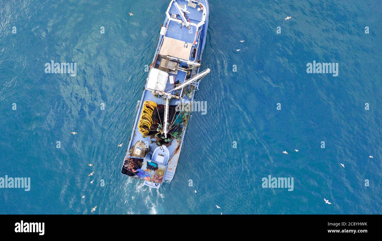 aerial view of the fishing boat at the sea Stock Photo