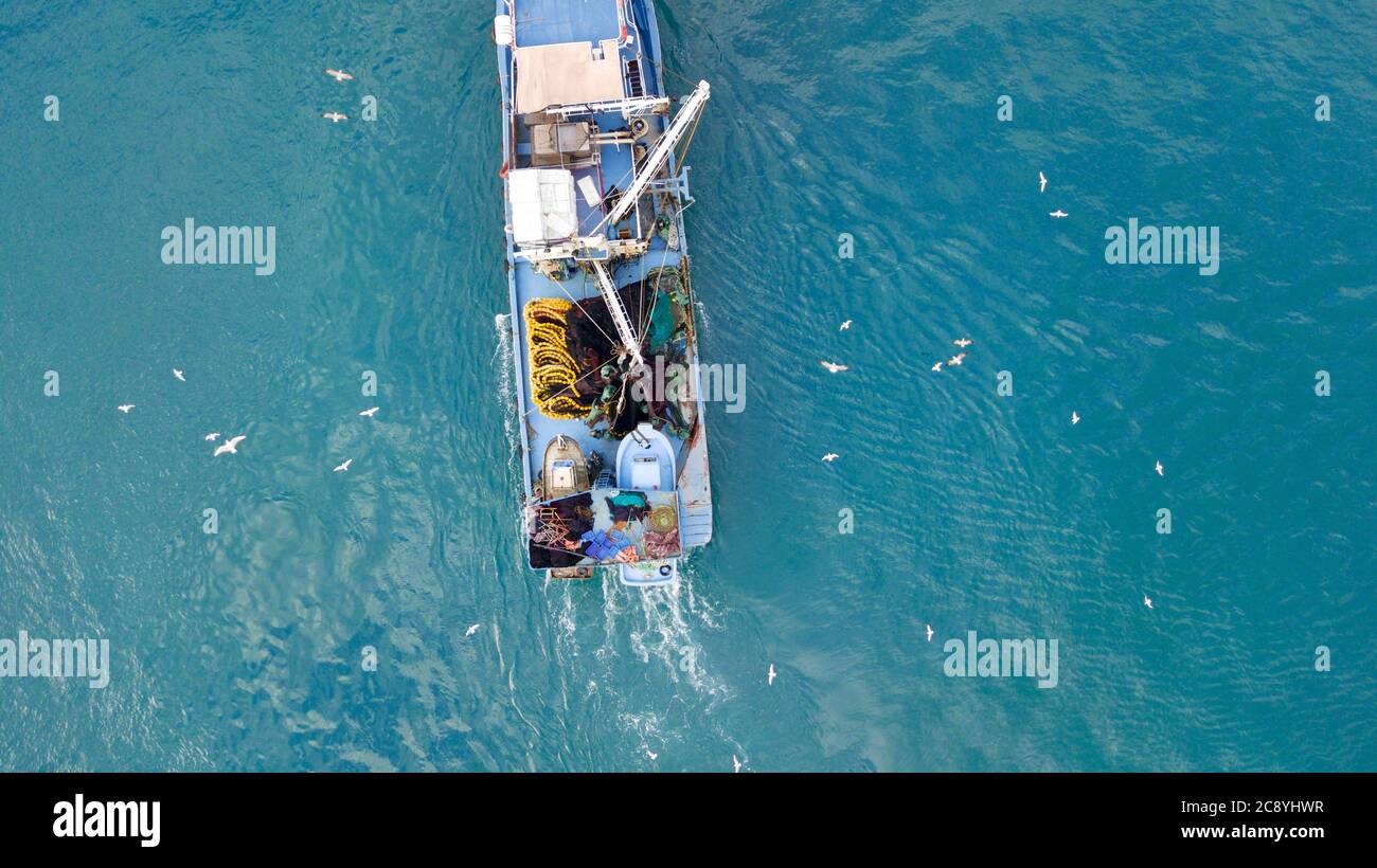 aerial view of the fishing boat at the sea Stock Photo