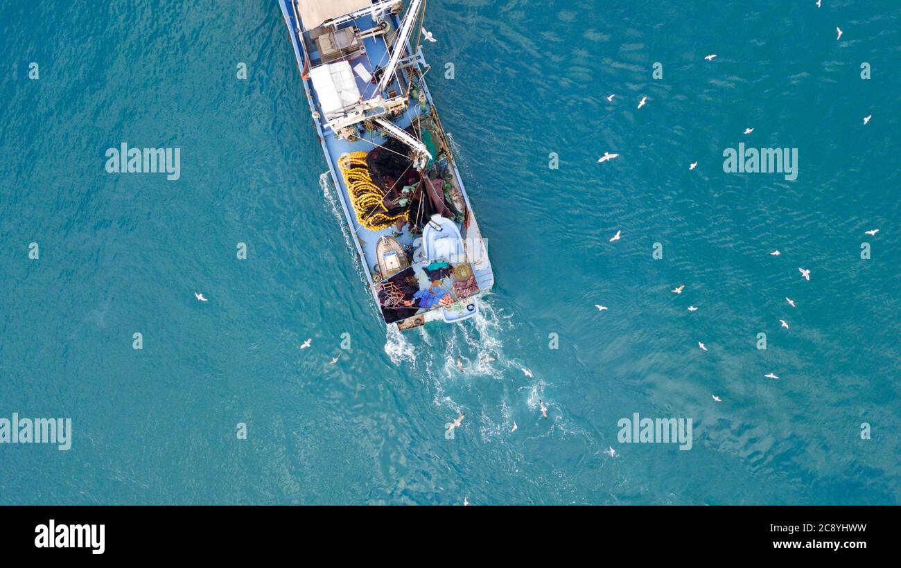 aerial view of the fishing boat at the sea Stock Photo