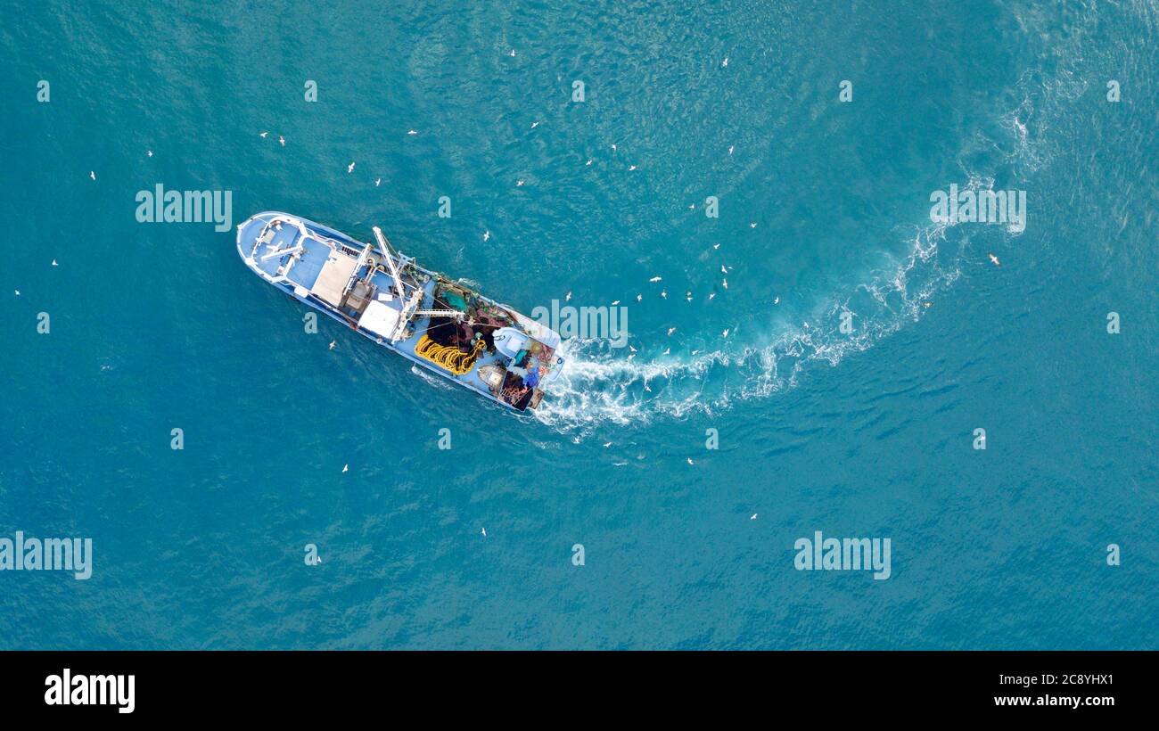 aerial view of the fishing boat at the sea Stock Photo