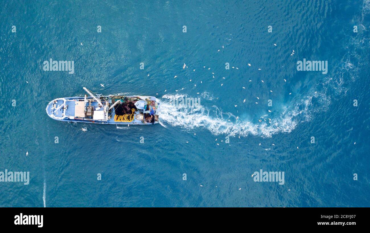 aerial view of the fishing boat at the sea Stock Photo