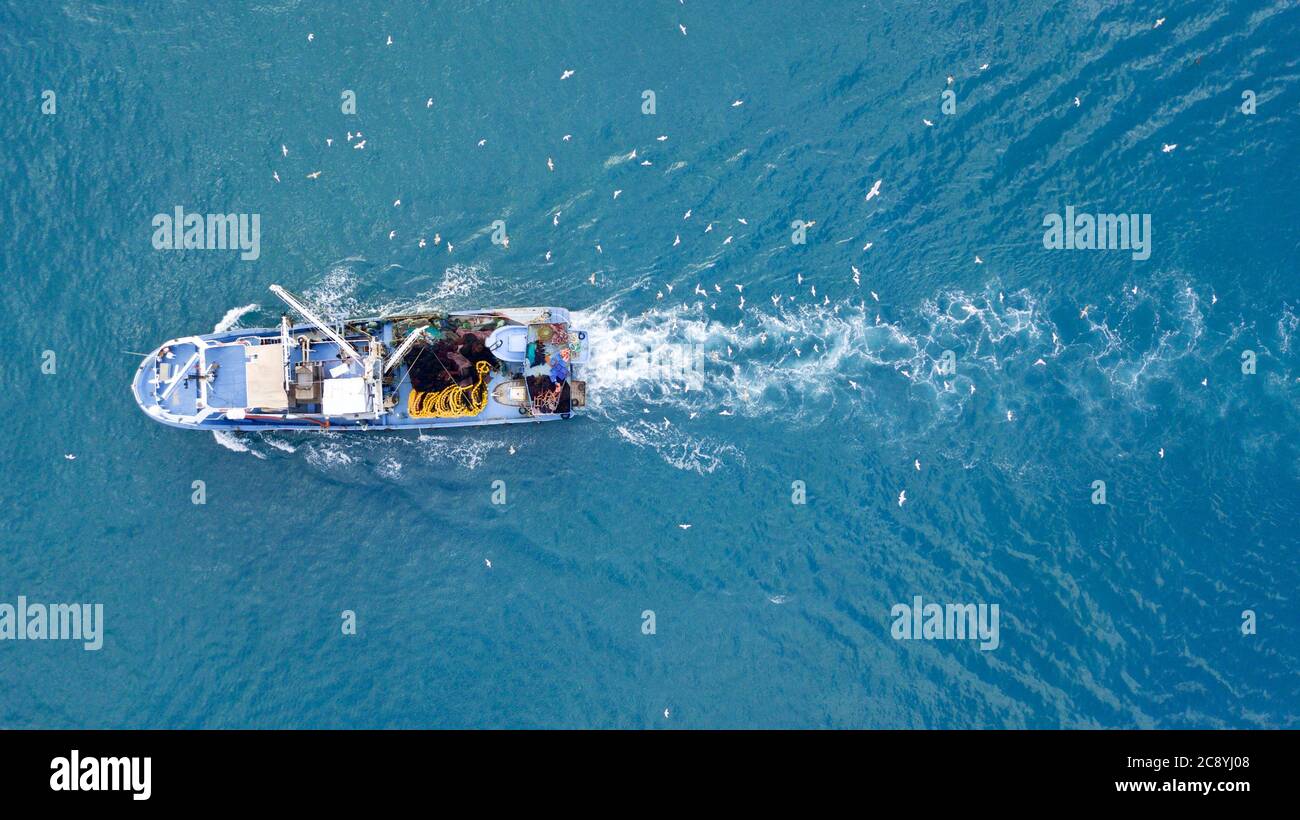 aerial view of the fishing boat at the sea Stock Photo