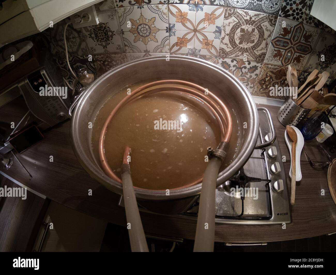 Homebrewing equipment that is use to make beer at home. Stock Photo