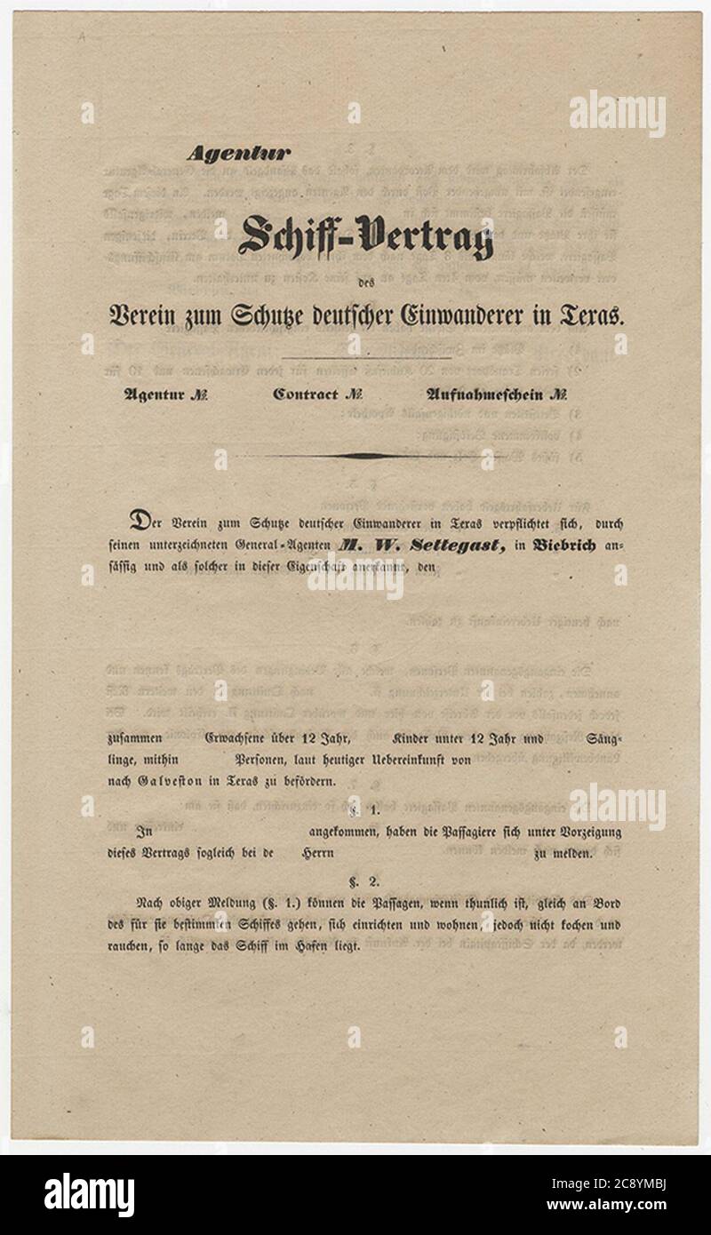 Schiff-Vertrag des Verein zum Schutze deutscher Einwanderer in Texas. . Stock Photo