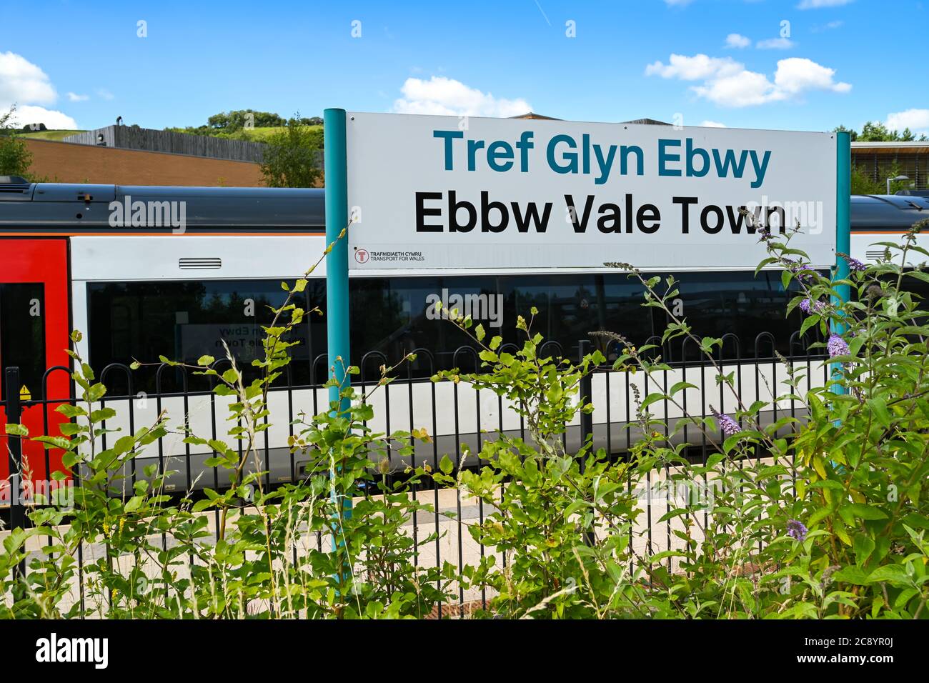 Ebbw Vale, Wales - July 2020: Board with station name at Ebbw Vale Town ...