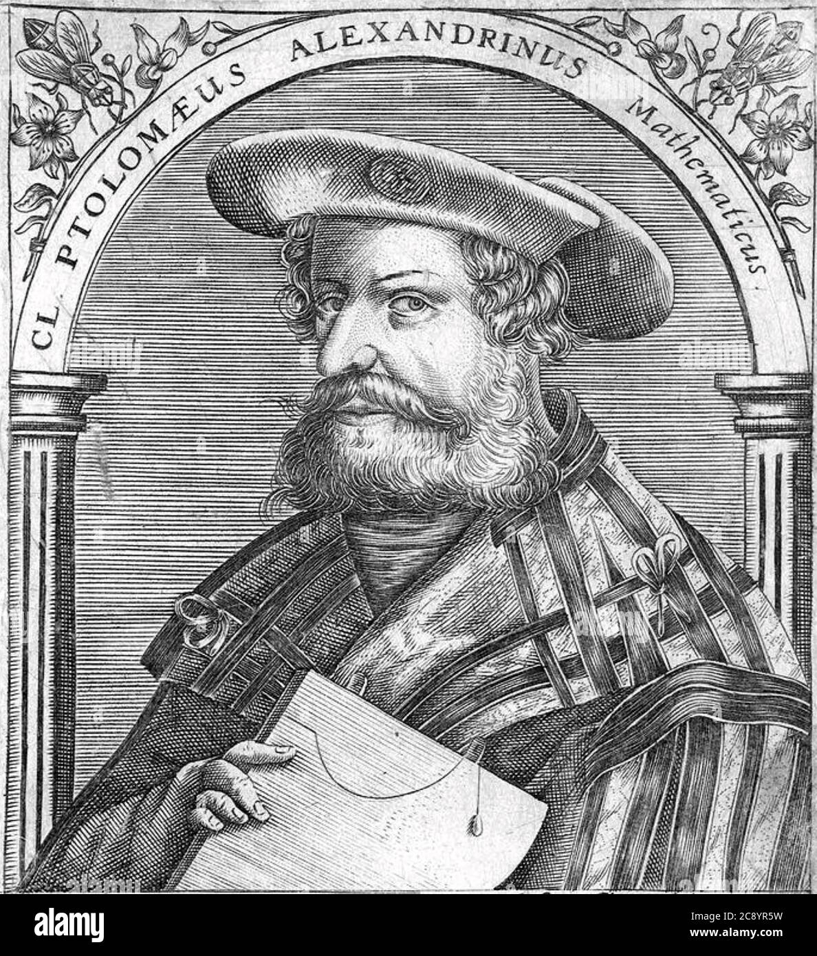 Woodcut portrait of Claudius Ptolemy (90-168AD) & Astronomia the