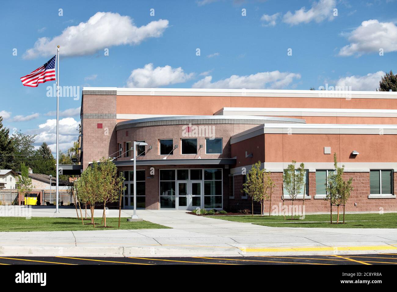 A modern elementary school built for safety and energy efficiency. Stock Photo