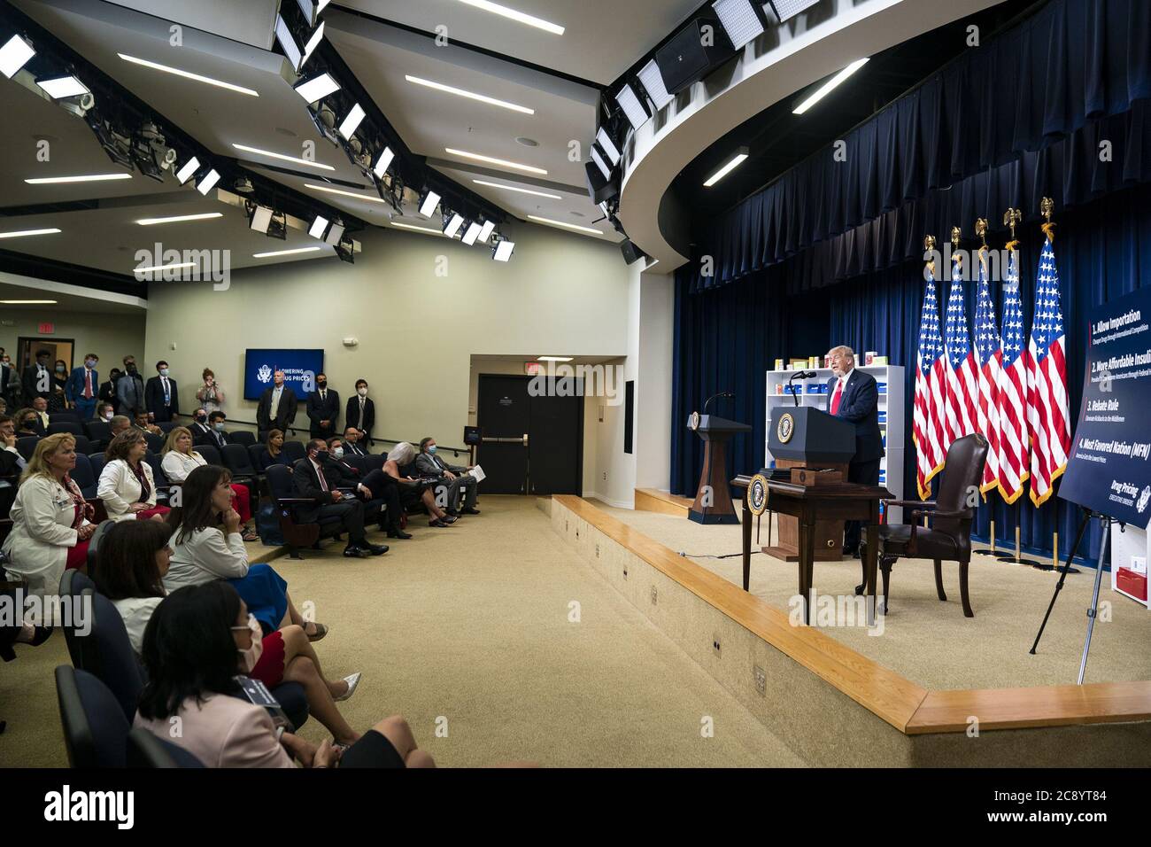Washington, United States Of America. 24th July, 2020. President Donald J. Trump delivers remarks before signing Executive Orders on Lowering Drug Prices Friday, July 24, 2020, in the South Court Auditorium of the Eisenhower Executive Office Building at the White House. People: President Donald Trump Credit: Storms Media Group/Alamy Live News Stock Photo