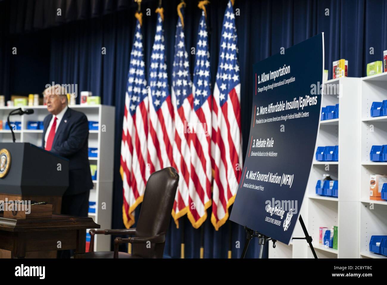 Washington, United States Of America. 24th July, 2020. President Donald J. Trump delivers remarks before signing Executive Orders on Lowering Drug Prices Friday, July 24, 2020, in the South Court Auditorium of the Eisenhower Executive Office Building at the White House People: President Donald Trump Credit: Storms Media Group/Alamy Live News Stock Photo