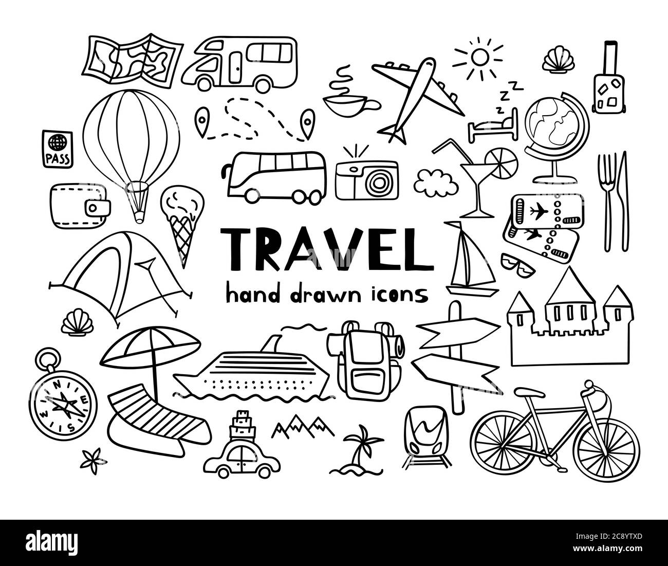 Hand drawn travel icons. Summer vacation doodles isolated on white background. Vector illustration. Stock Vector