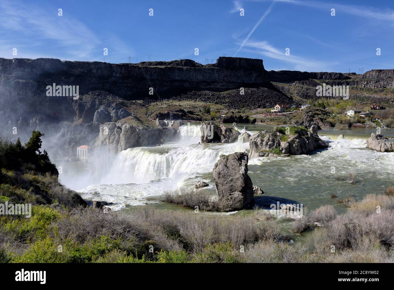 Shoshone Falls in Twin Falls, Idaho is created where the snake river crashes over ancient basalt flows.  The powerful water has been harnessed to crea Stock Photo