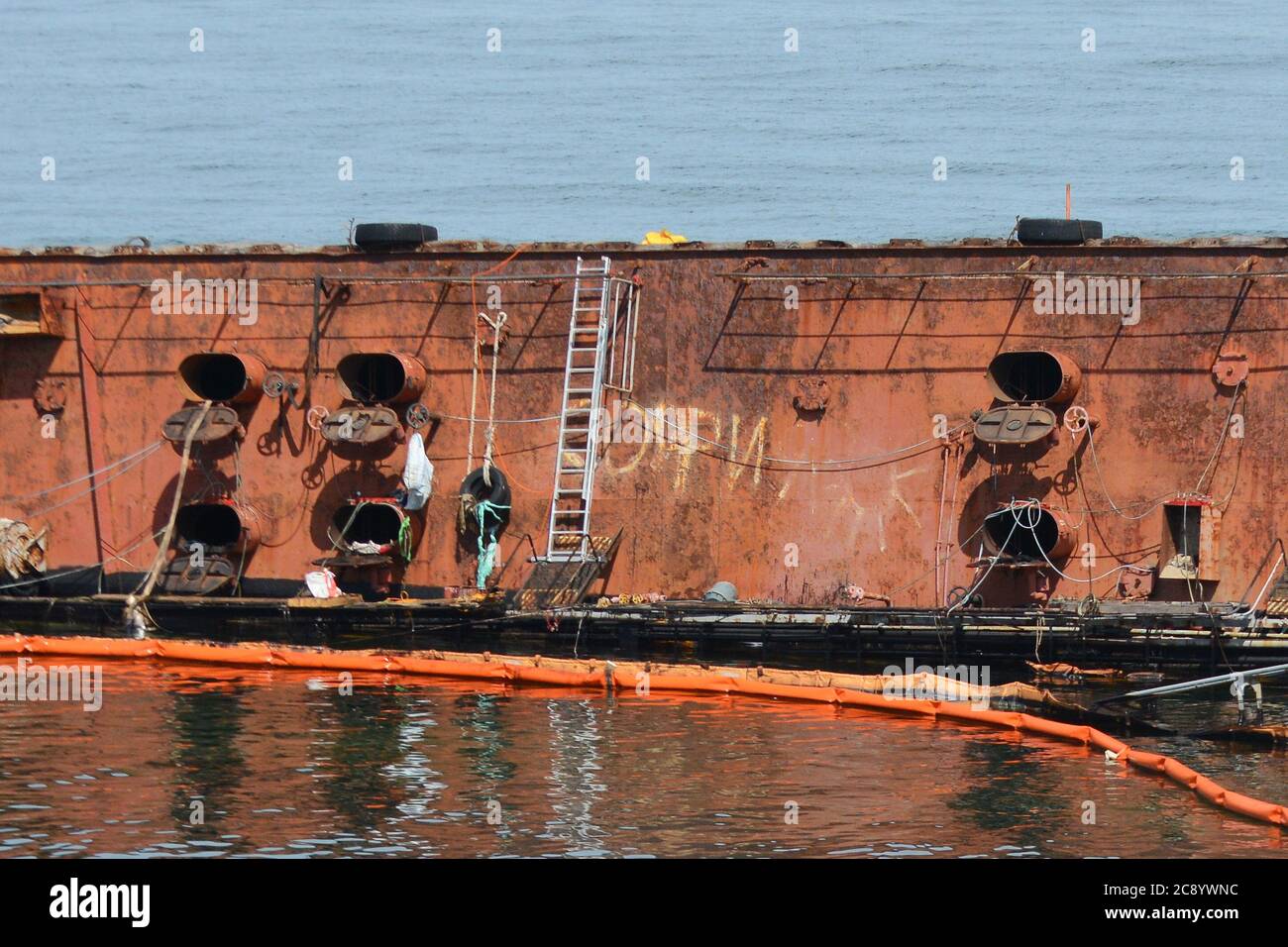 Odessa, Ukraine. 27th July, 2020. Submerged oil tanker Delfi near Odessa beach. The ship was tried several times by rescue services, but all times to no avail. (Photo by Aleksandr Gusev/Pacific Press) Credit: Pacific Press Media Production Corp./Alamy Live News Stock Photo