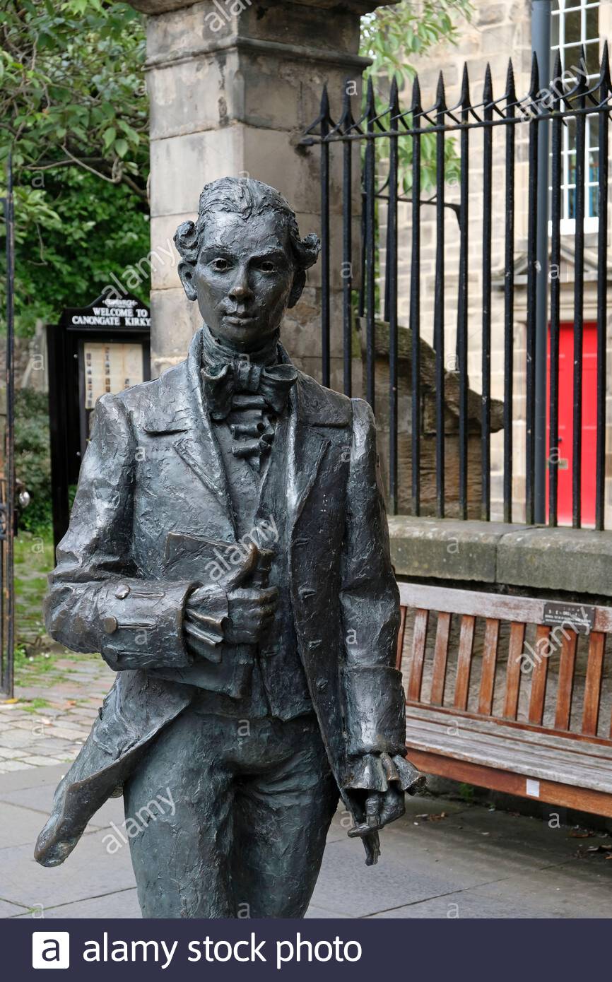 Sculpture of Scottish poet  Robert Fergusson outside the Canongate Kirk, Royal Mile, Edinburgh Scotland Stock Photo