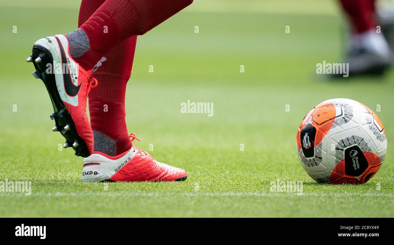 Newcastle, UK. 26th July, 2020. The Nike Tiempo football boots of Virgil  van Dijk of Liverpool during the Premier League match between Newcastle  United and Liverpool Football Stadiums around remain empty due