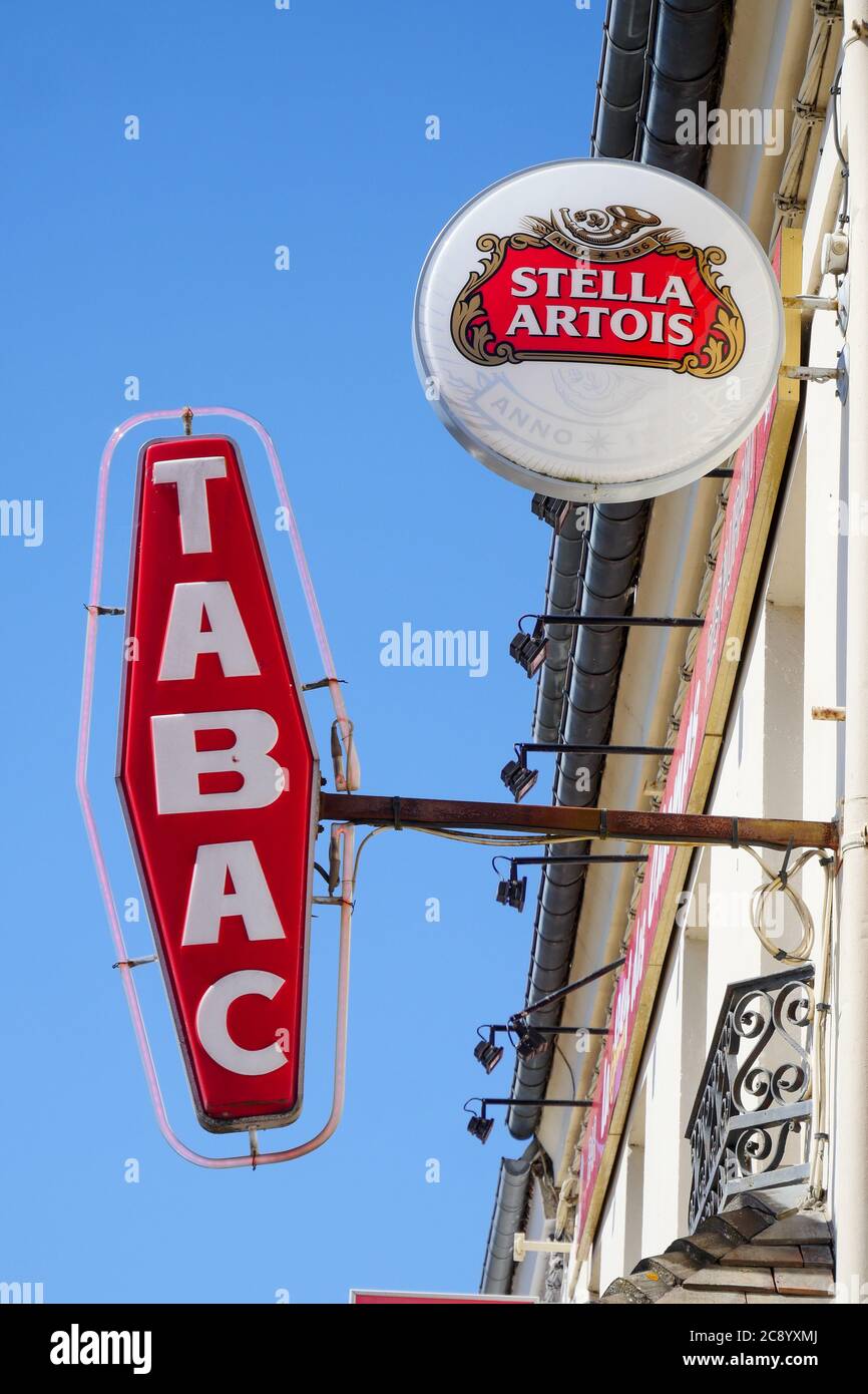 Tobacco shop sign, French provincial city, Normandy, France Stock Photo