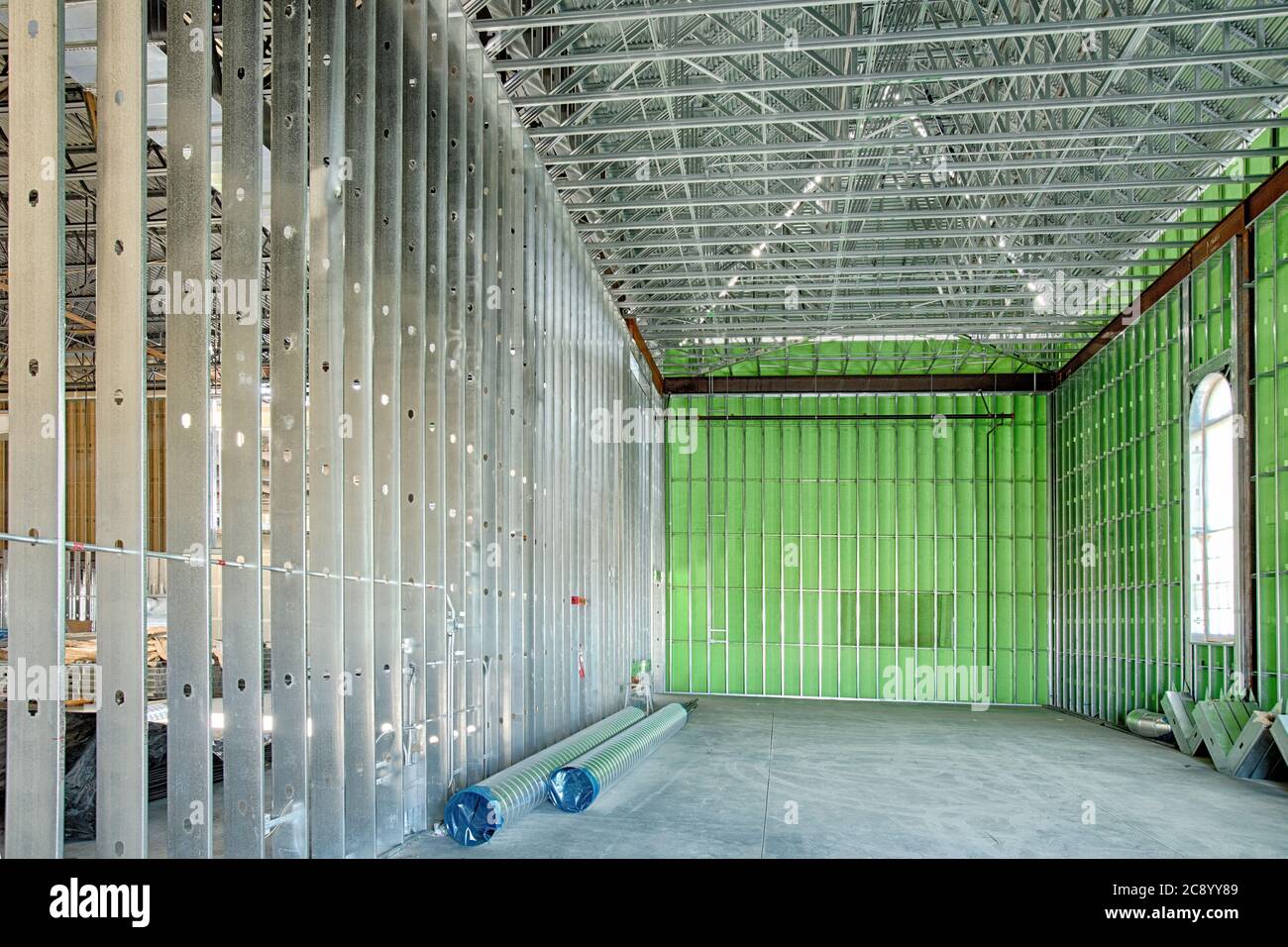 Steel studs used in the construction of a modern office building. Stock Photo
