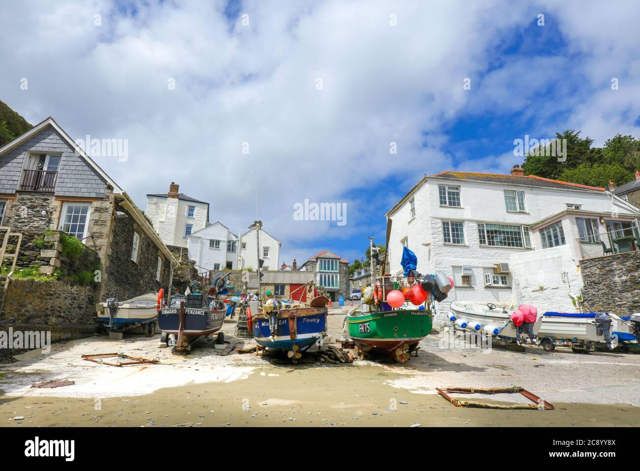 Fishing boats on the beach at Portloe, traditional Cornish village on the south Cornwall coast Stock Photo