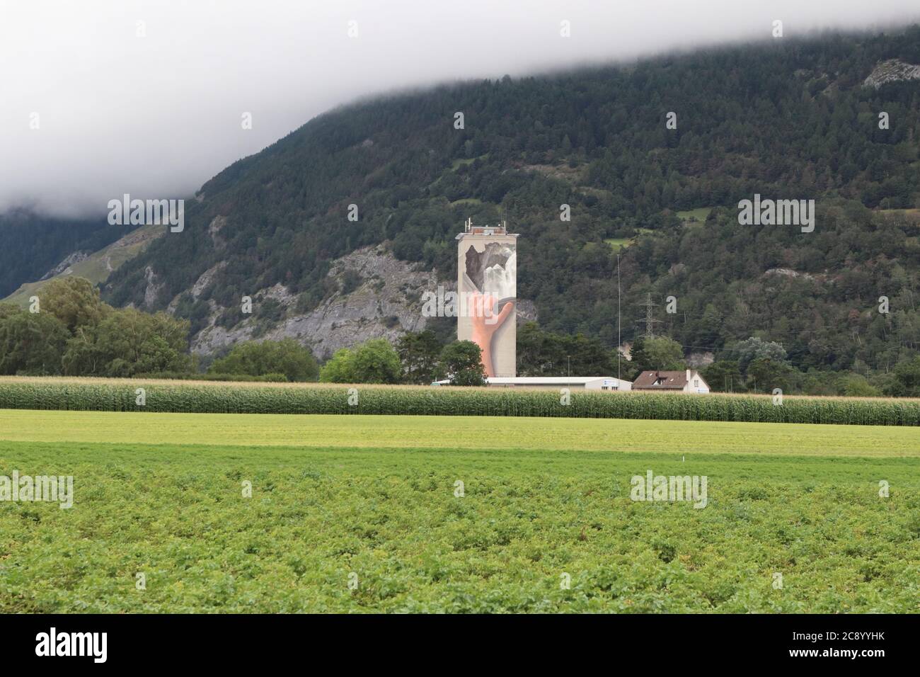Chur, Kanton Graubuenden (GR)/ Switzerland - August 10 2019: Milltower (Muehleturm) in the north of town Chur covered with the biggest painting in Swi Stock Photo