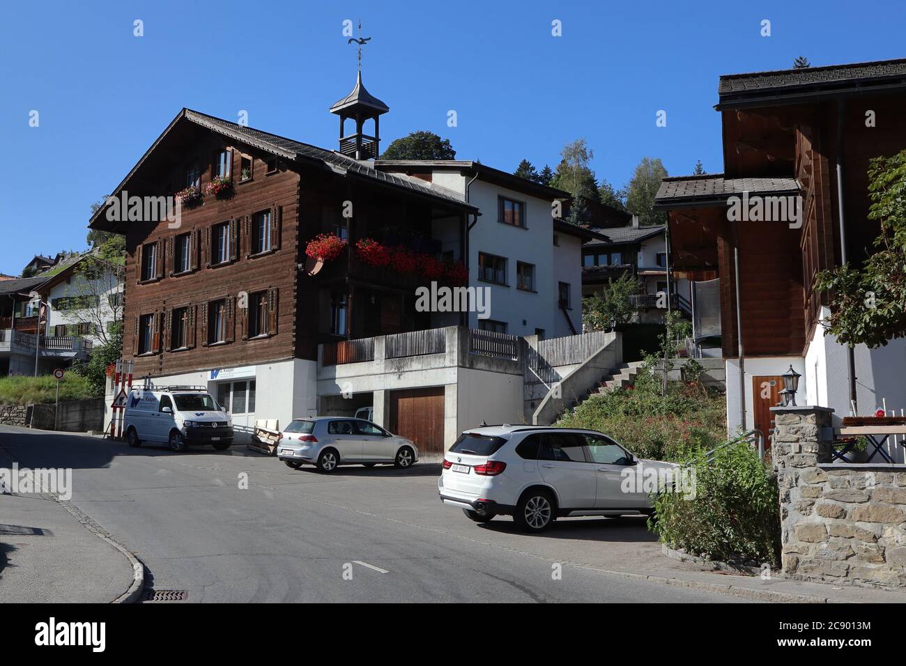 Luzein, Kanton Graubuenden (GR)/ Switzerland - September 21 2019: In the centre of village Pany in Praettigau, Graubuenden, Switzerland Stock Photo