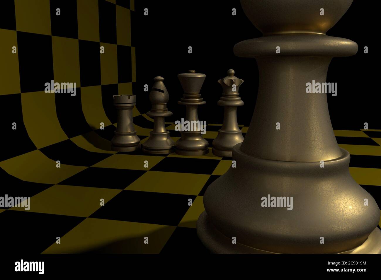 Group Of Chess Pieces Stand On A Black Chessboard Background, 3d