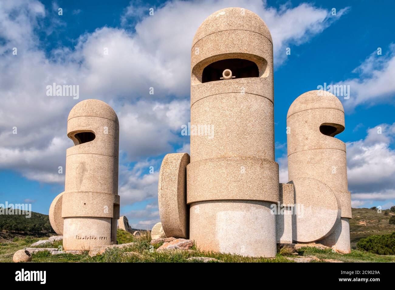 The Cathar Knights is a cement sculpture by Jacques Tissinier above the A61 autoroute at the Aire De Peche Loubat service area in the Aude department. Stock Photo
