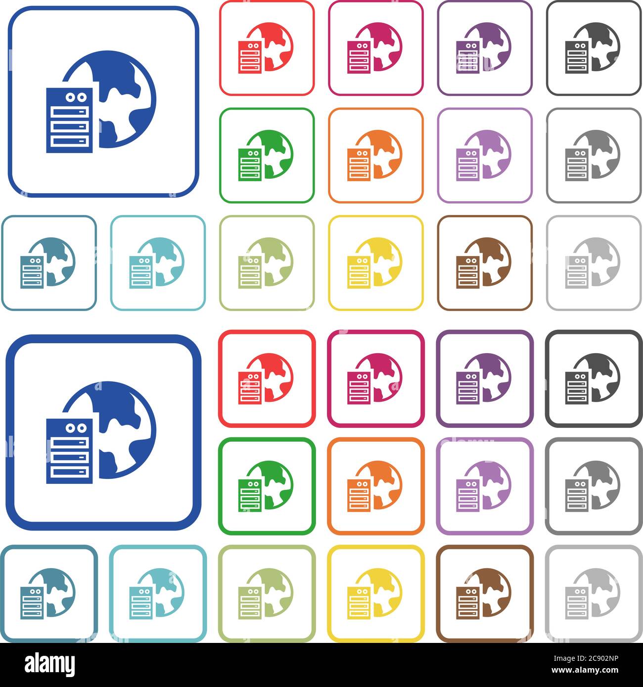 Web hosting color icons in flat rounded square frames. Thin and thick versions included. Stock Vector