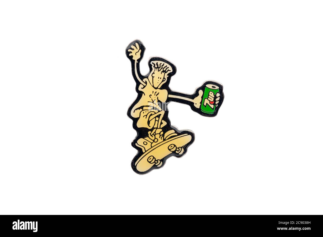 Enamel pin of a character skateboarding named Fido Dido, mascot of the 7 up  brand. Lapel pin isolated on white background Stock Photo - Alamy