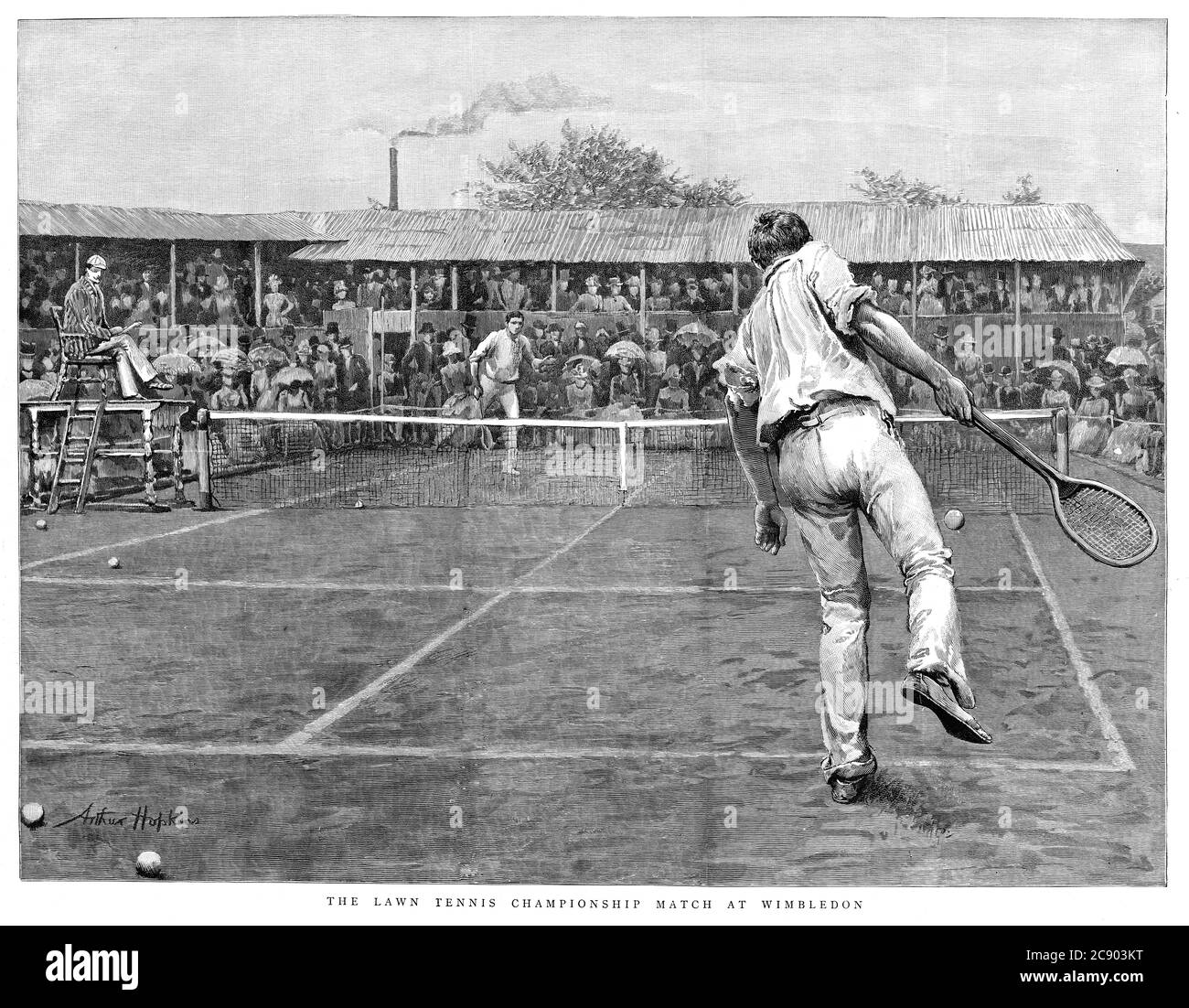 Wimbledon Tennis, 1888 engraving of the twelfth Wimbledon Championships, the champion being Ernest Renshaw Stock Photo