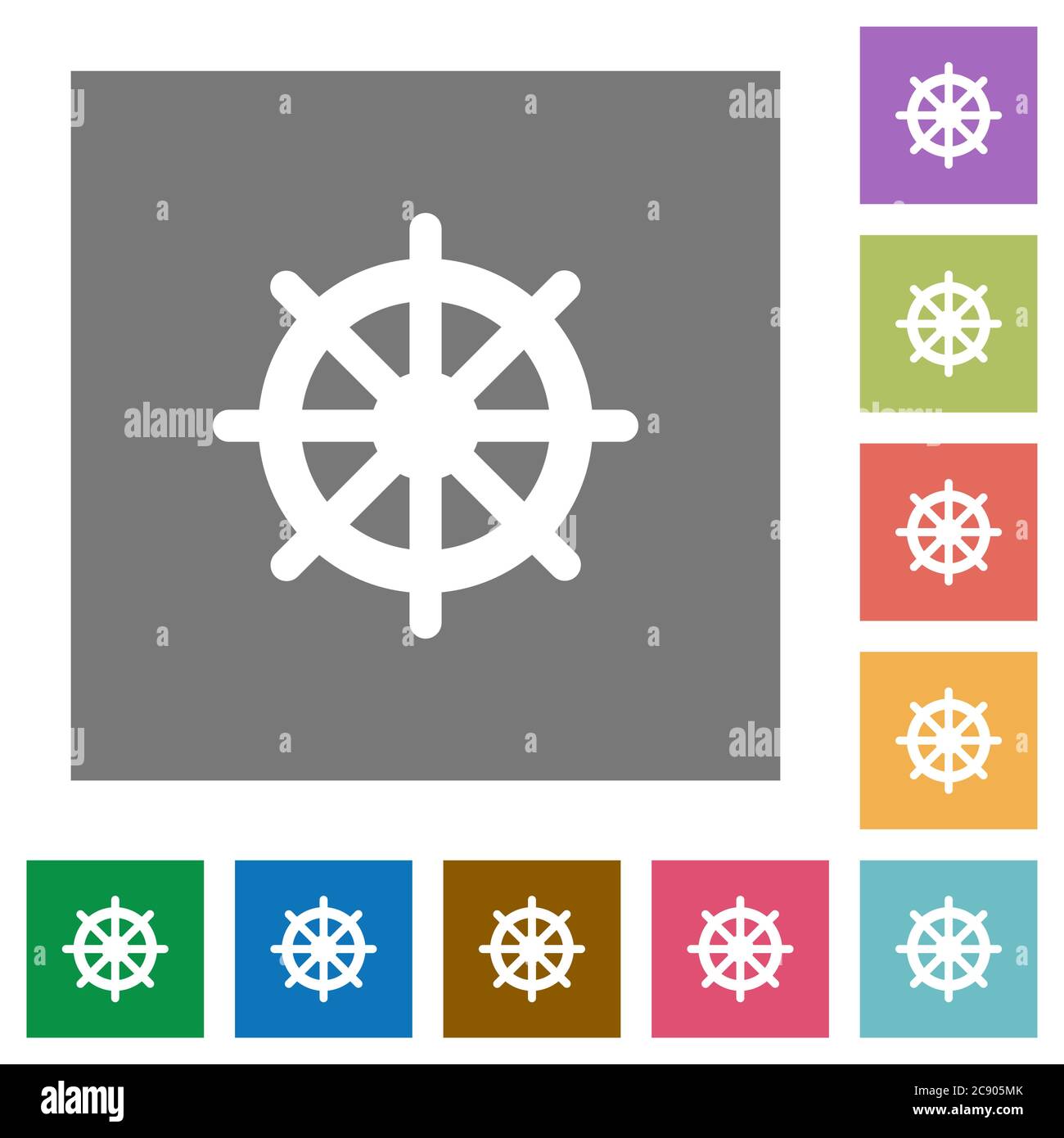Steering wheel flat icons on simple color square background. Stock Vector