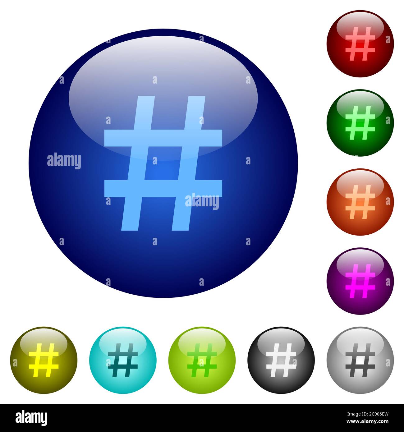 Hash tag icons on round color glass buttons Stock Vector