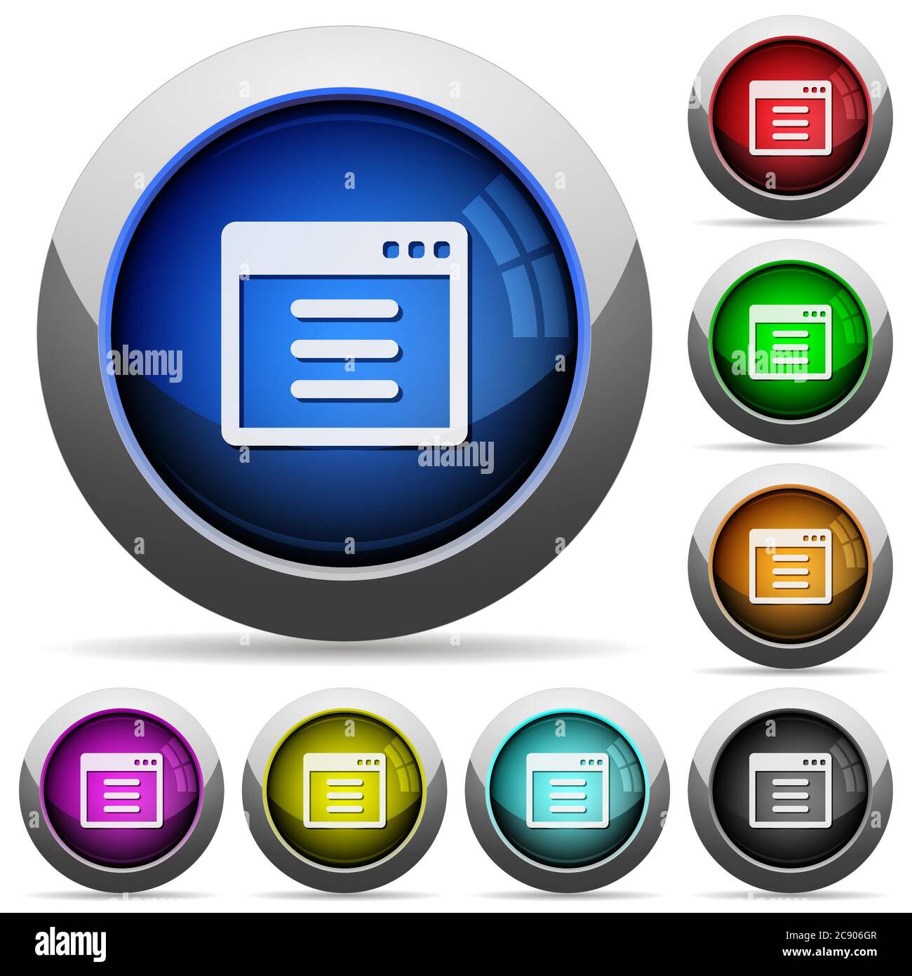 Application options icons in round glossy buttons with steel frames ...