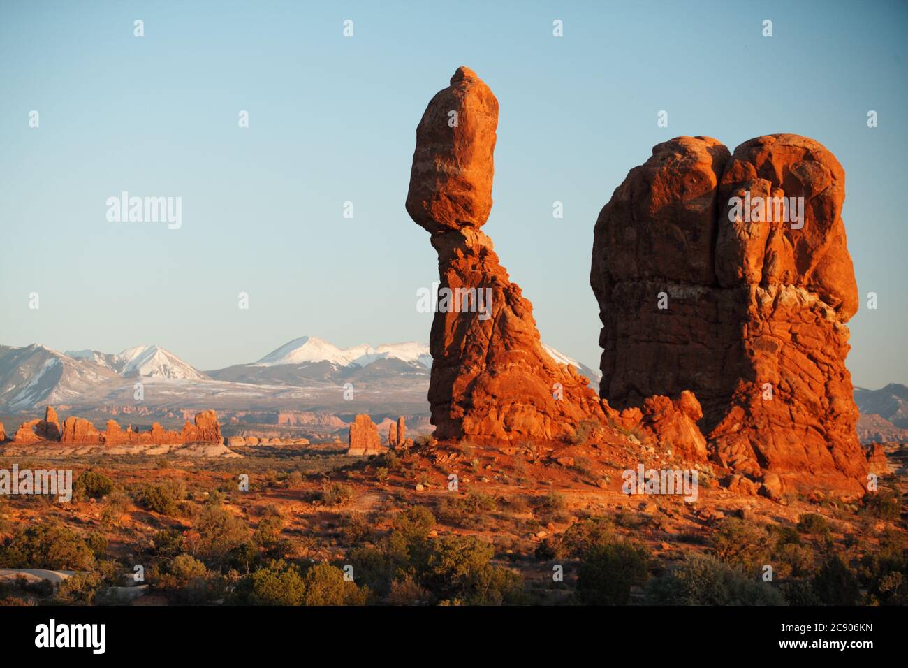 The balanced rock sandstone formation in Arches National Park, in southern Utah near Moab. Stock Photo