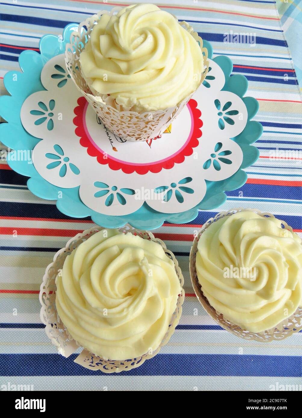 Cupcakes decorated with a vanilla frosting for birthdays, weddings, or showers Stock Photo