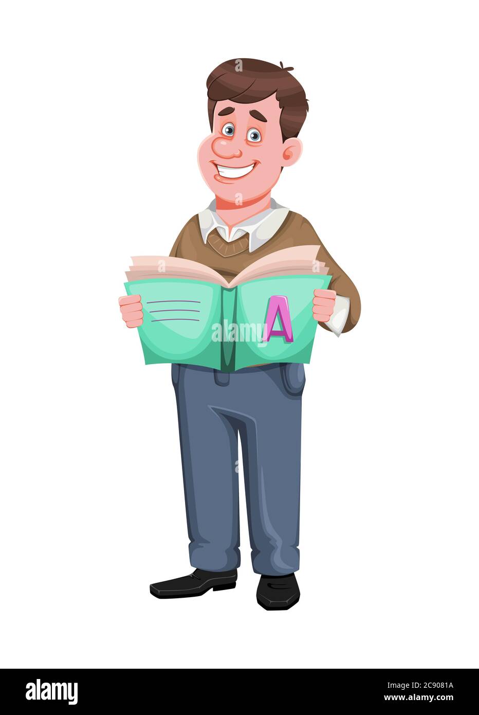 Back to school. Cheerful male teacher holds ABC-book. Handsome teacher  cartoon character. Vector illustration isolated on white background Stock  Vector Image & Art - Alamy