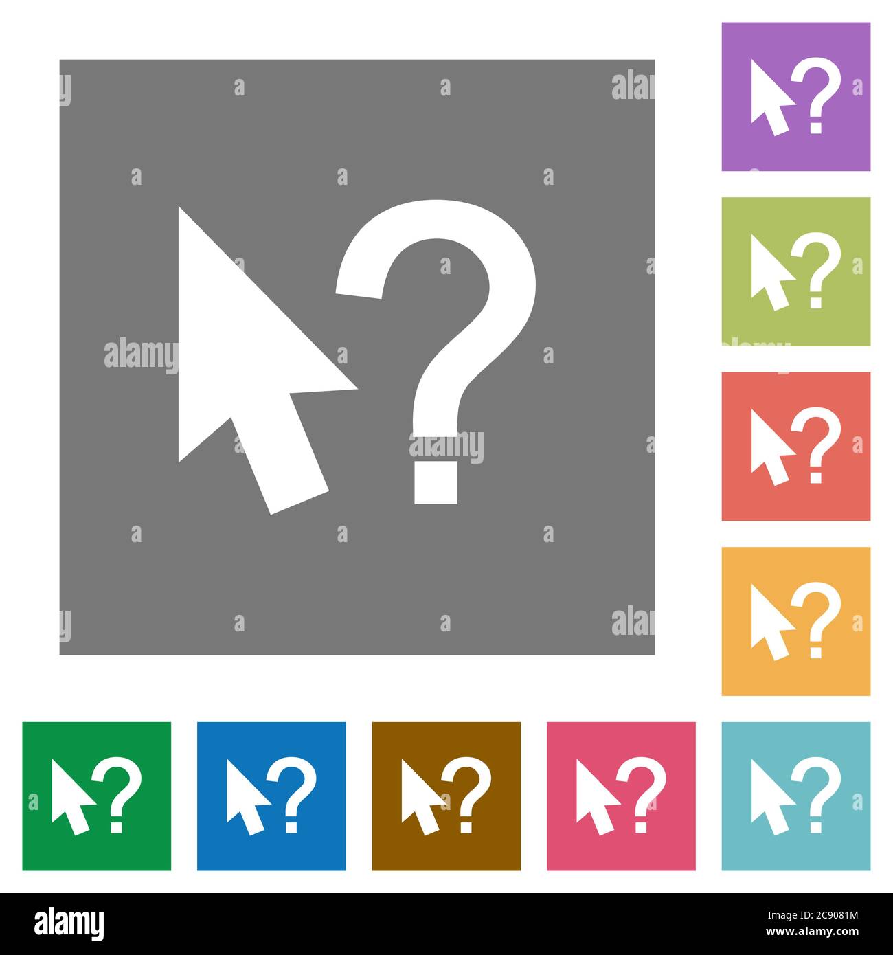 Help cursor flat icons on simple color square background. Stock Vector