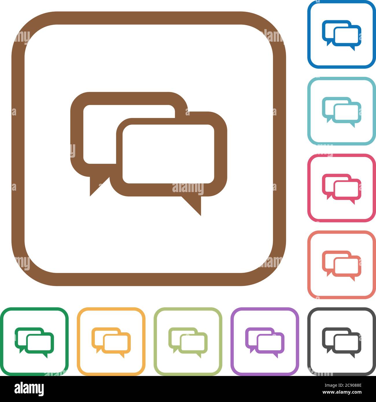 Chat bubbles simple icons in color rounded square frames on white background Stock Vector