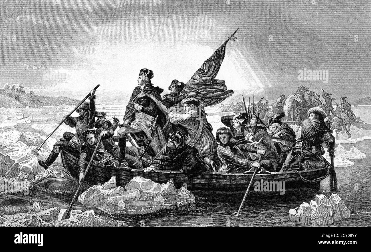An engraved illustration of George Washington crossing the River Delaware during the American Revolutionary War, from a Victorian book dated 1886 that Stock Photo