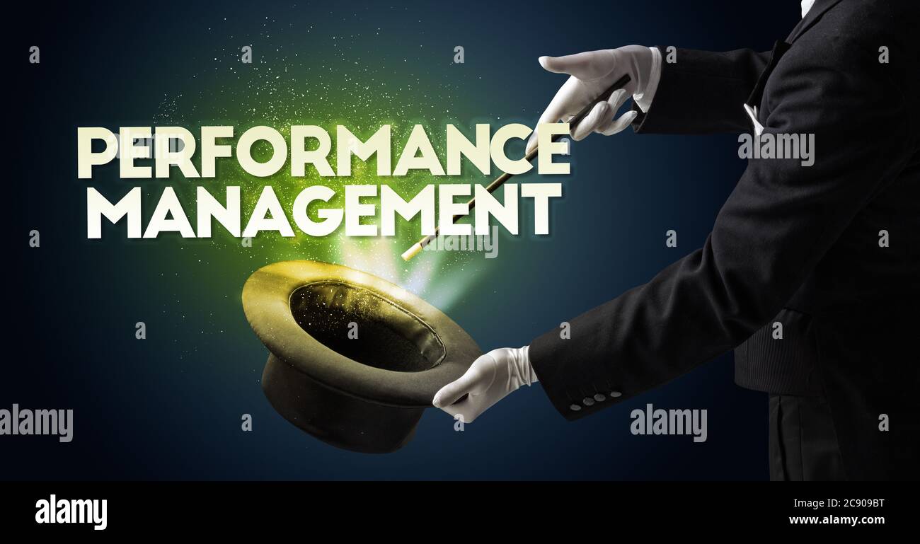 Illusionist is showing magic trick with PERFORMANCE MANAGEMENT ...