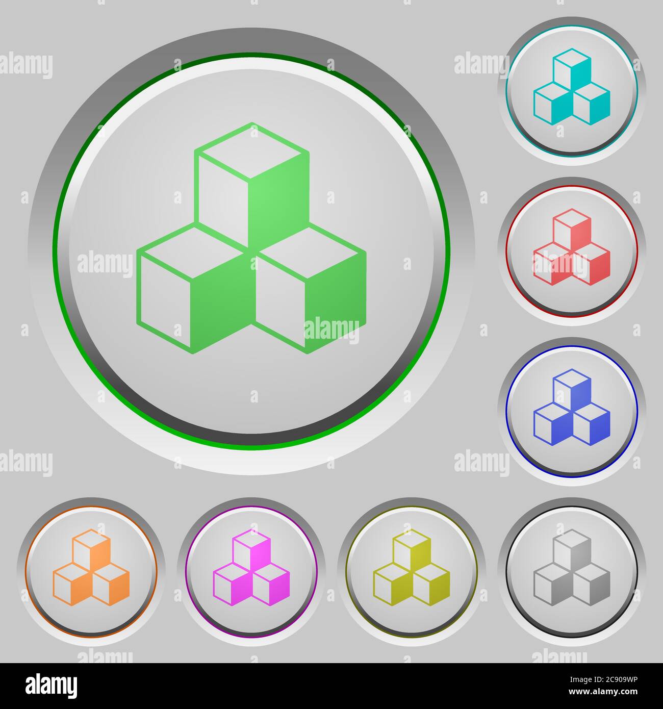 Cubes color icons on sunk push buttons Stock Vector