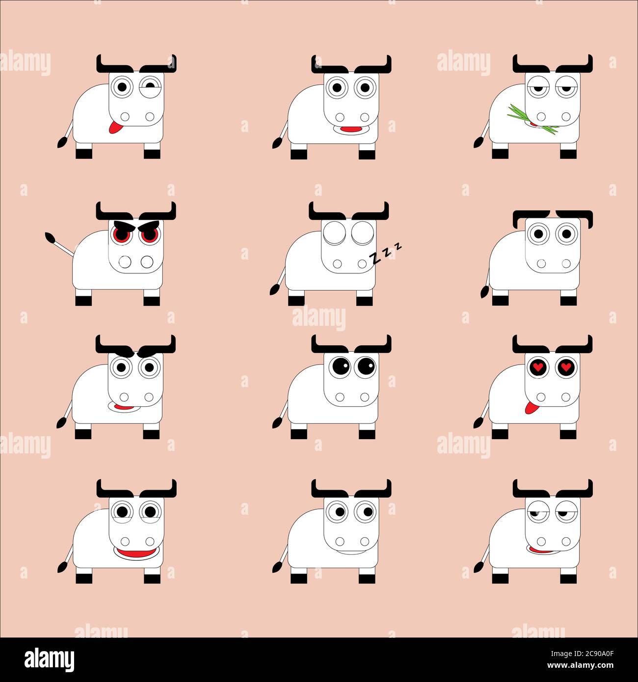 Set of 12 cute white bulls with different emotions in flat style Stock Vector