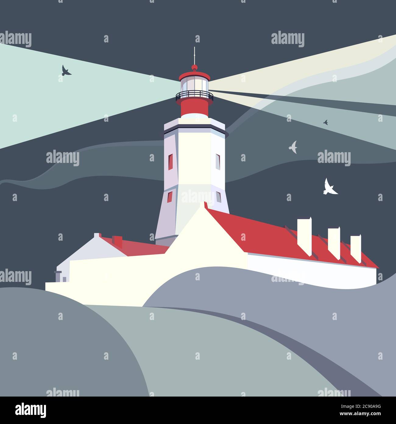 Lighthouse vector illustration. Nautical sea landscape white red ...