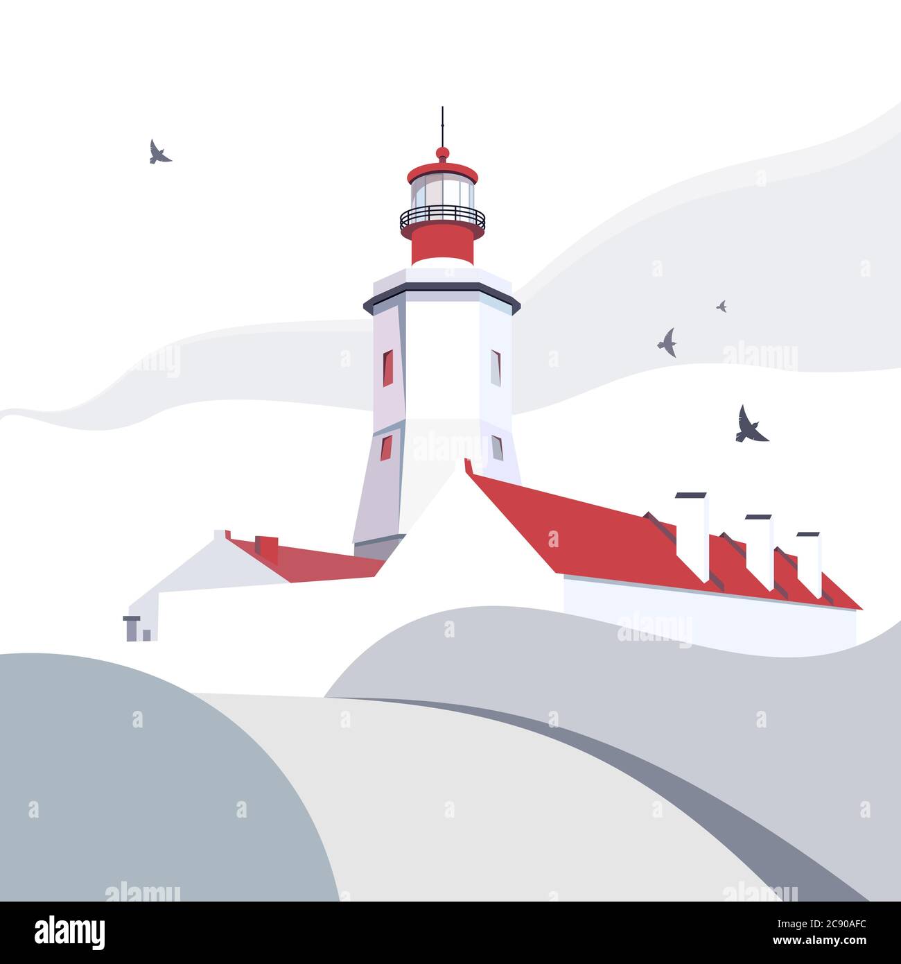 Lighthouse vector illustration. Nautical sea landscape white red ...